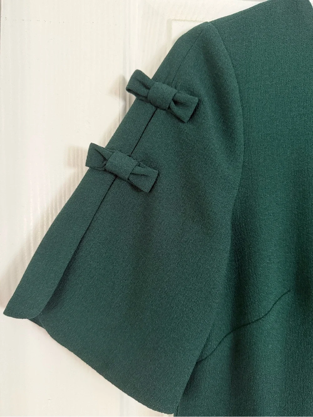 Elegant Forest Green Short Sleeve Dress with Bow Detail